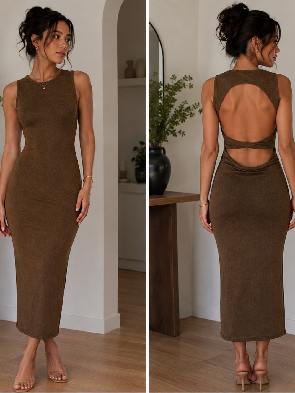 Olive Green Slinky Knit Open Cut-Out Back Side Slit Sleeveless Midi Dress